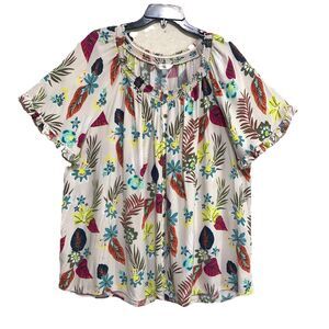 3/$30 Terra & Sky Top Womens 3X Multicolored Floral Short Ruffled Sleeve Knit